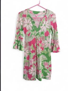 Lilly Pulitzer Floral Print Silk Blend Dress Bell Sleeve Pink Green XS